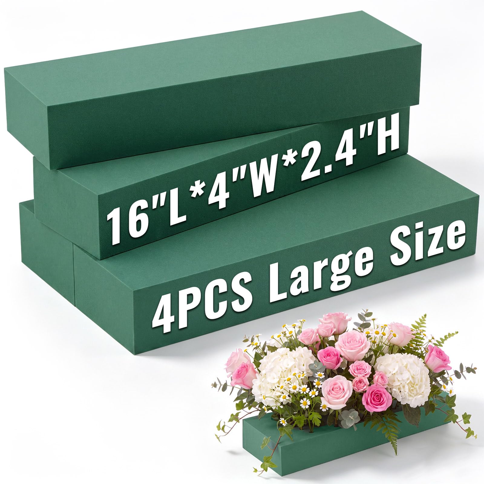 Innconee 4 Pcs 16"L x 4"W x 2.4"H Large Floral Foam Blocks for Fresh and Artificial Flower Arrangement Wet and Dry Green Floral Foam Florist Bricks for Wedding, Birthday, Crafts and Garden