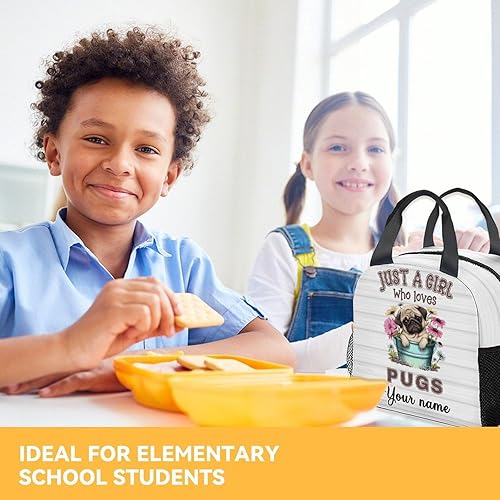 Miniatura 7 de Lonchera personalizada de carlino para niños, lonchera aislada para niñas y niños, lindas bolsas de almuerzo blancas reutilizables, pequeña con