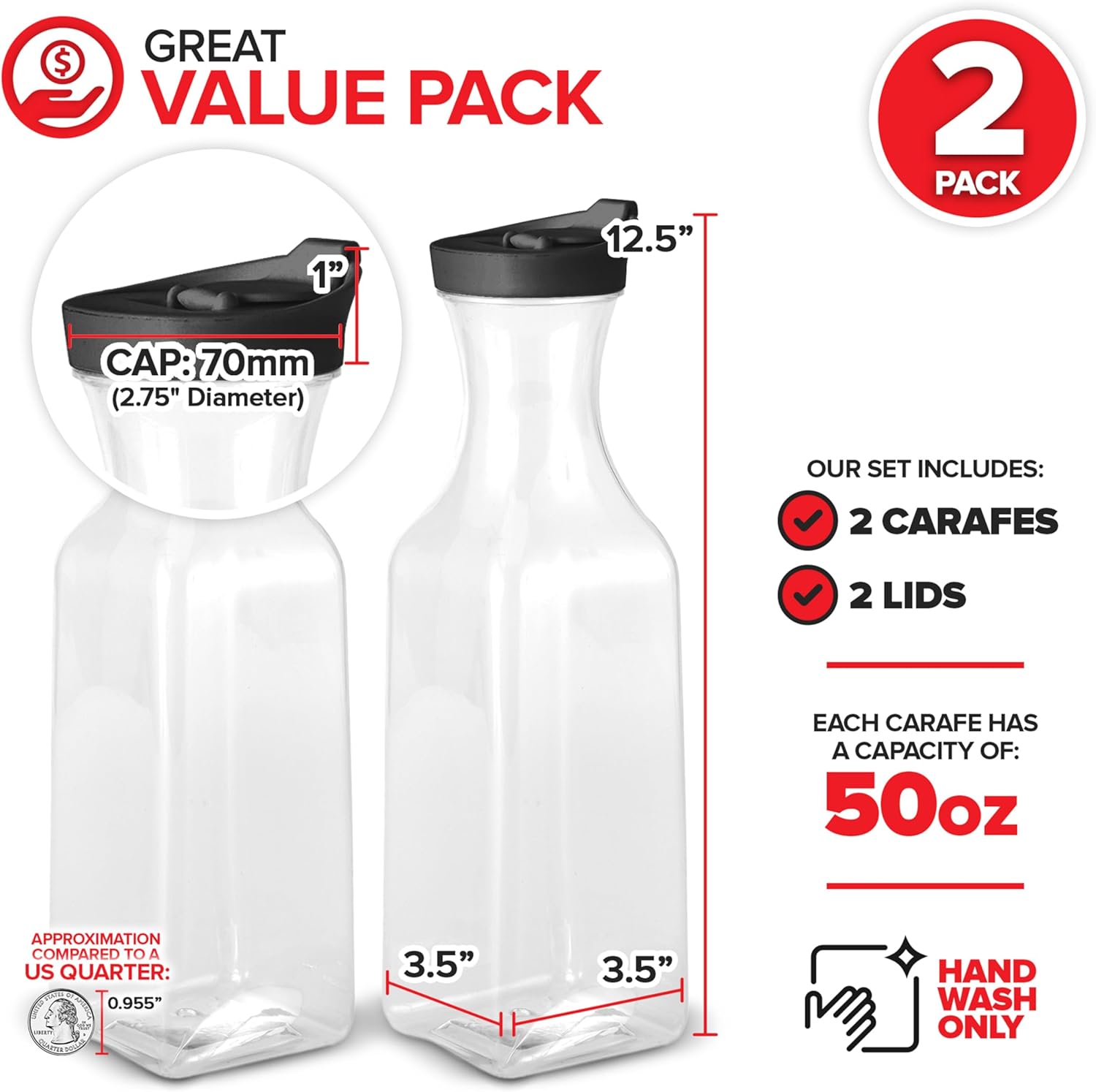 50oz Plastic Juice Carafe with Black Lids (2 Pack) 50 oz Carafes for Mimosa Bar, Drink Pitcher with Lid, Milk Container, Clear Beverage Containers for Fridge, Pantry Storage, Square Pitchers - Image 2