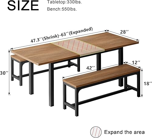 Miniatura 2 de Feonase Juego de mesa de comedor grande XL de 3 piezas de 63 pulgadas para 6-8 personas, juego de mesa de cocina extensible con 2 bancos, mesa de