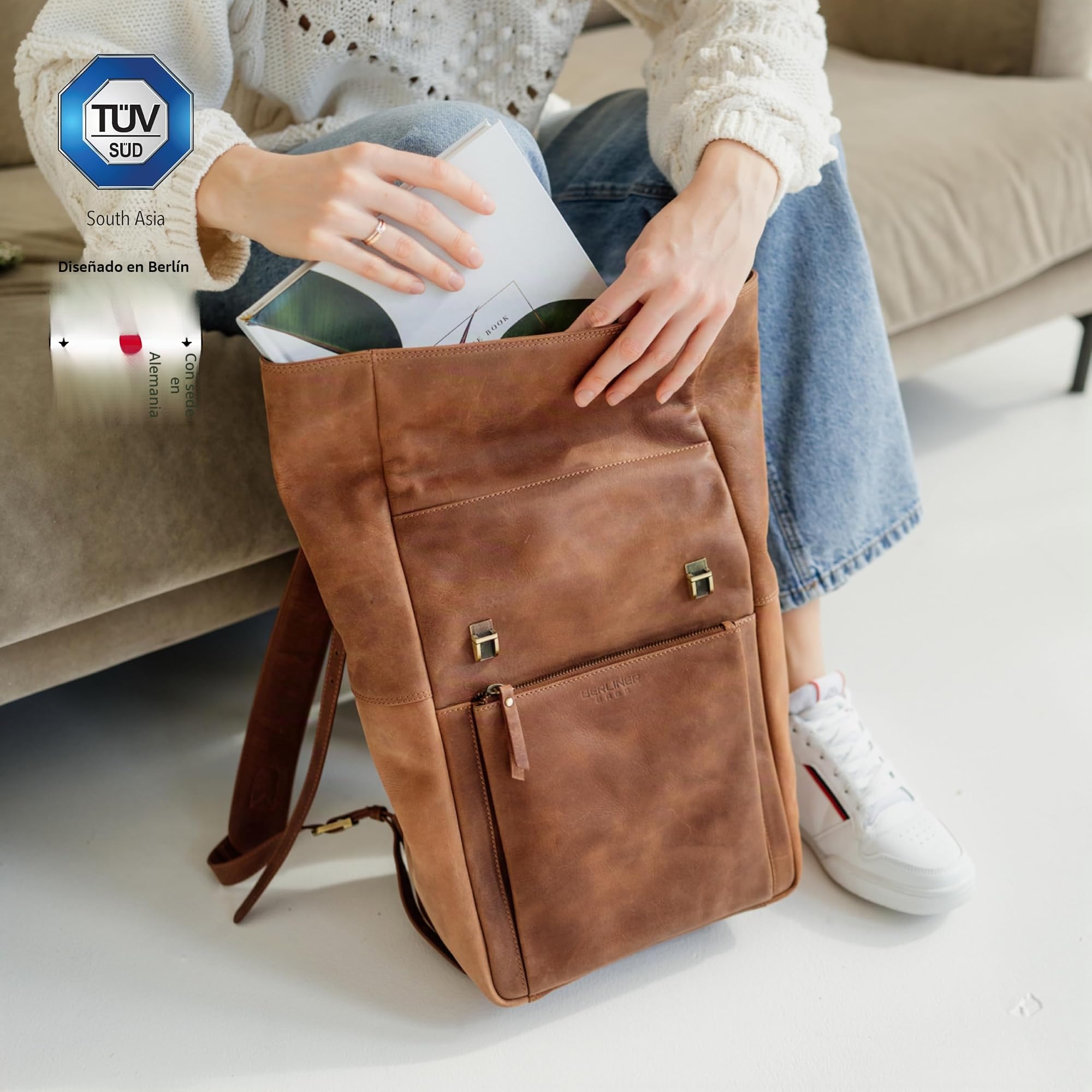 Berliner Bags Mochila de Piel Lille, Mochila Rolltop Impermeable con Compartimento para Portátil de 15”, para Hombre y Mujer - Marrón