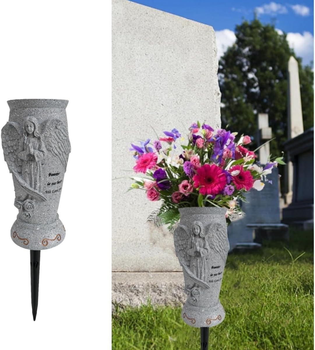 Cemetery Grave Vase for Artificial Flower: Angel Vases with Ground Spikes-Grave Flowers Holder for Cemetery Headstone (Grey)
