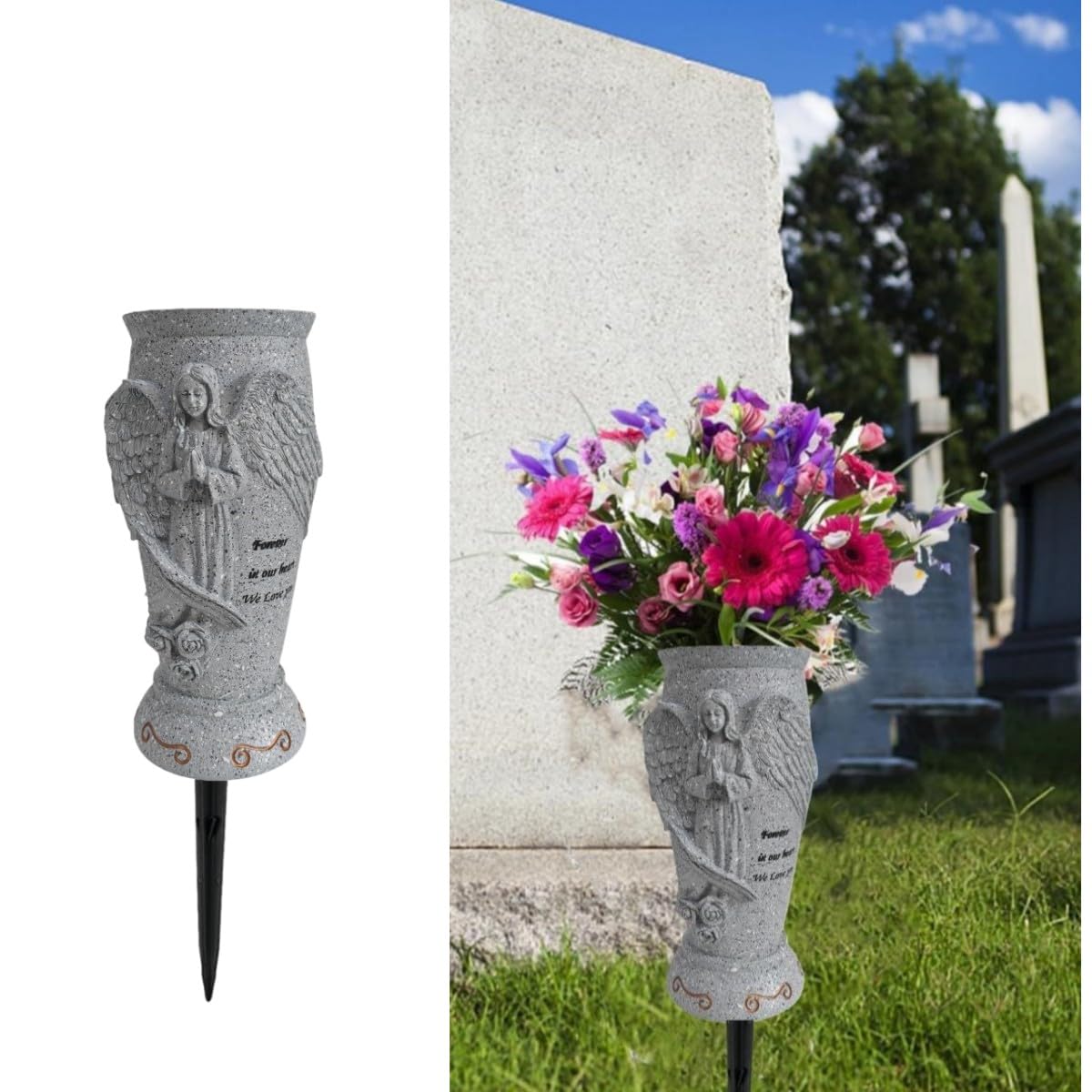 Vase funéraire d'ange gris pour honorer la mémoire au cimetière