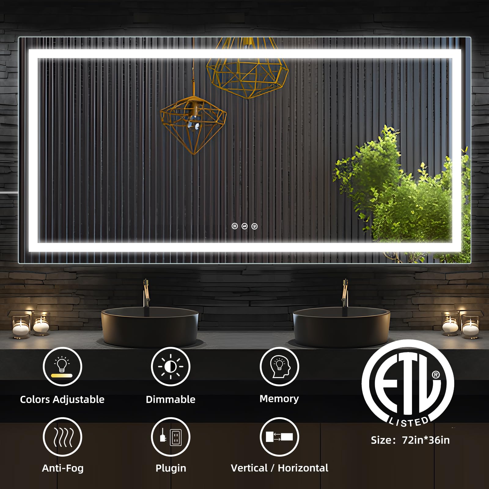 72x36 LED Bathroom Mirror, with Backlit & Front Lit, Anti-Fog Lighted Wall Mirrors for Bathroom, Dimmable LED Lighted Vanity Mirror with 3 Colors, Memory, Shatter-Proof, Tempered Glass