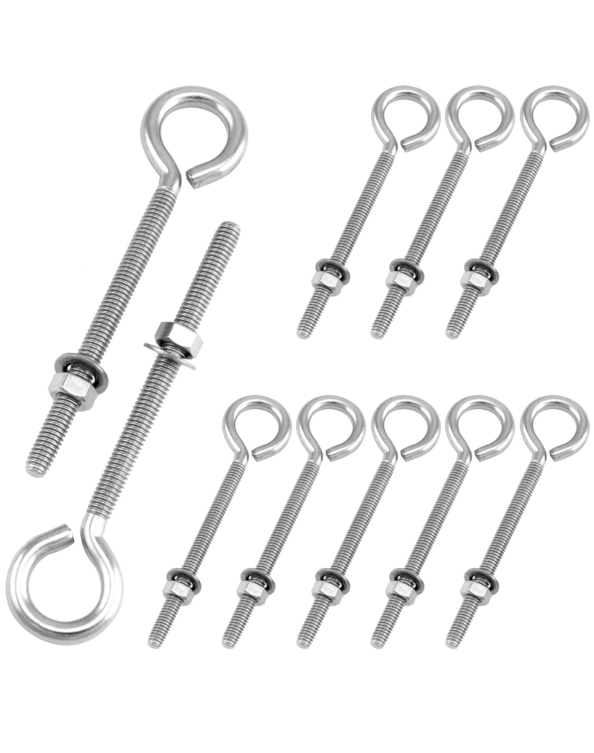 QWORK Eye Bolts, 10 Pack 5/16" x 4" Stainless Steel Long Threaded Eyebolts with Nuts, for Hanging or Securing Cables