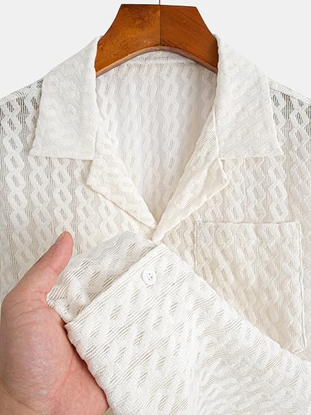 Camicia da uomo a maniche corte in jacquard geometrico traforato elasticizzato tinta unita casual traspirante slim fit estivo per tutti i giorni - 4