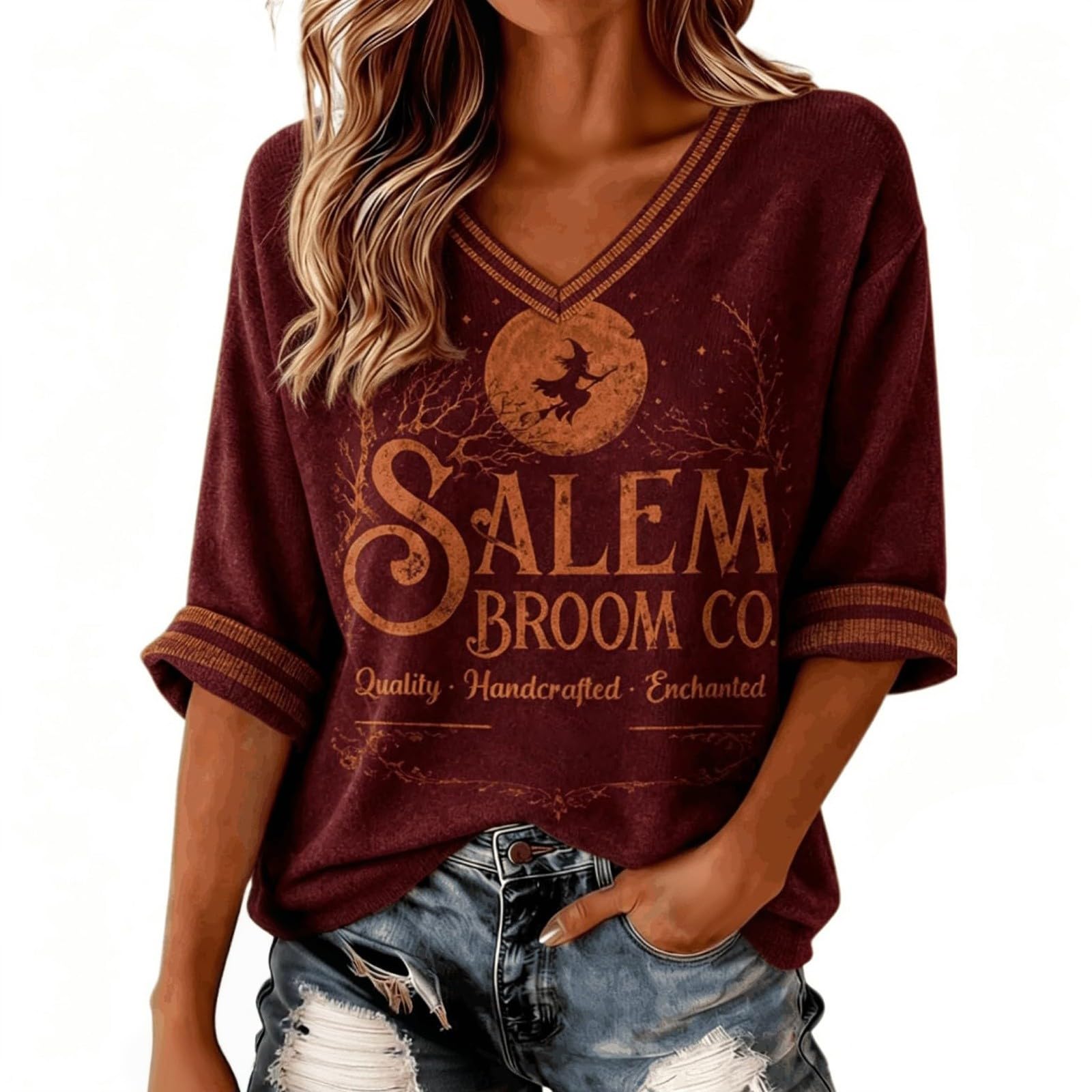Salem Broom Co Halloween Shirts Women 3/4 Sleeve Vintage Witch Tops — image 1