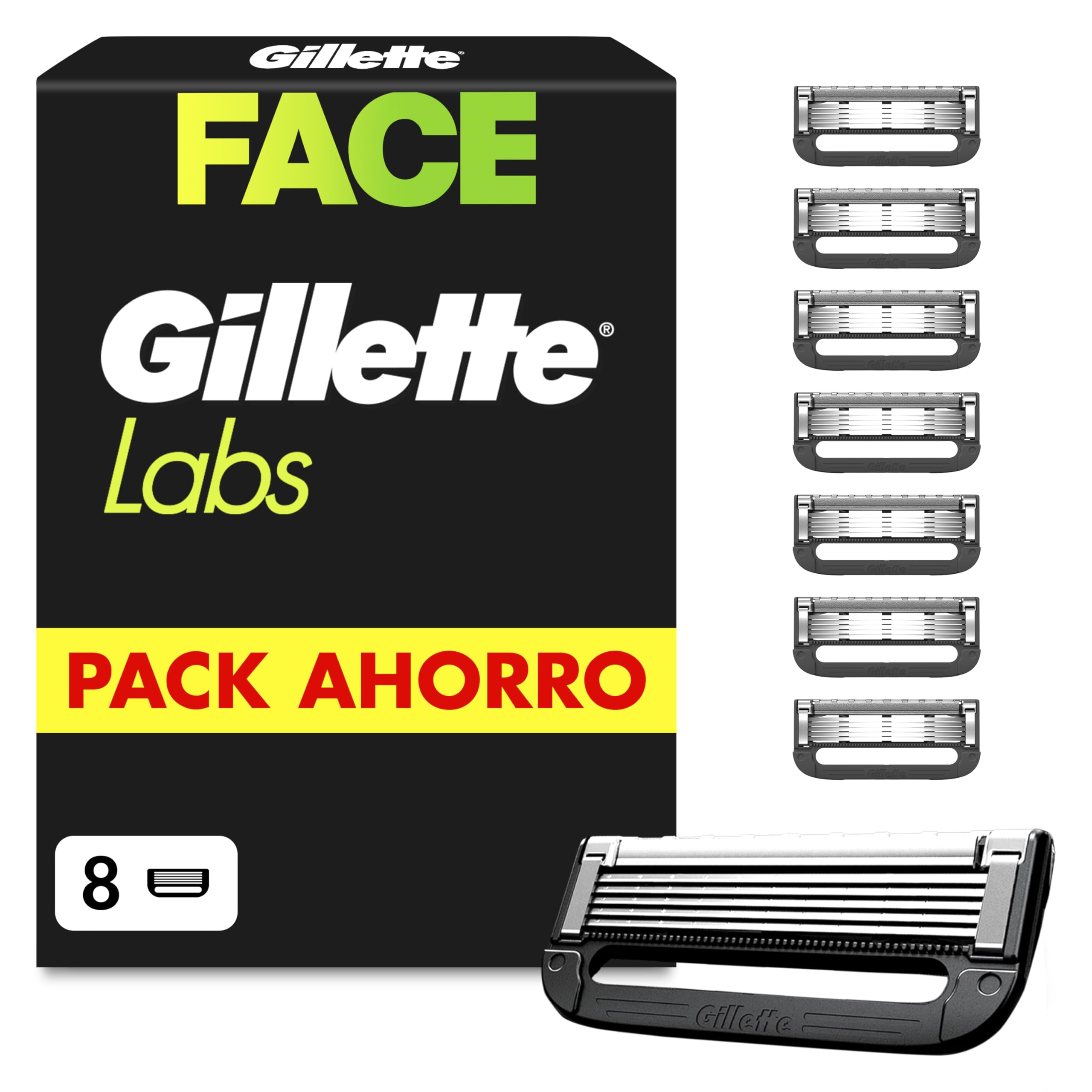 GilletteLabs Cuchillas de Afeitar Hombre, Pack de 8 | Recambios para Maquinillas de Afeitar con 5 Hojas Y Banda Lubricante, Compatible con Todas Las Maquinillas Gillette Labs