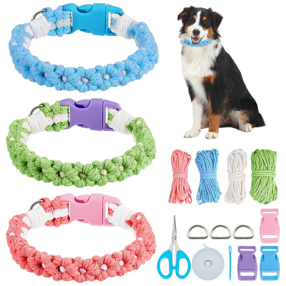 WEBEEDY 3 Sets DIY Macrame Dog Collar Kit for Adults Beginners Handmade Summer Daisy Dog Collar with 4 Colors Cotton Cord and Instruction Adjustable Cute Pet Collars for Puppy Small Medium Large Dogs