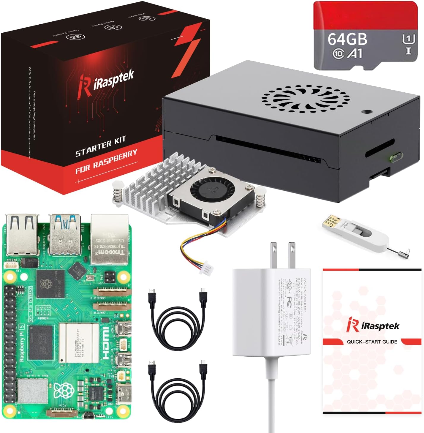 iRasptek Starter Kit for Raspberry Pi 5 RAM 8GB - 64GB Edition of OS-Bookworm Pre-Loaded(Aluminum Case)