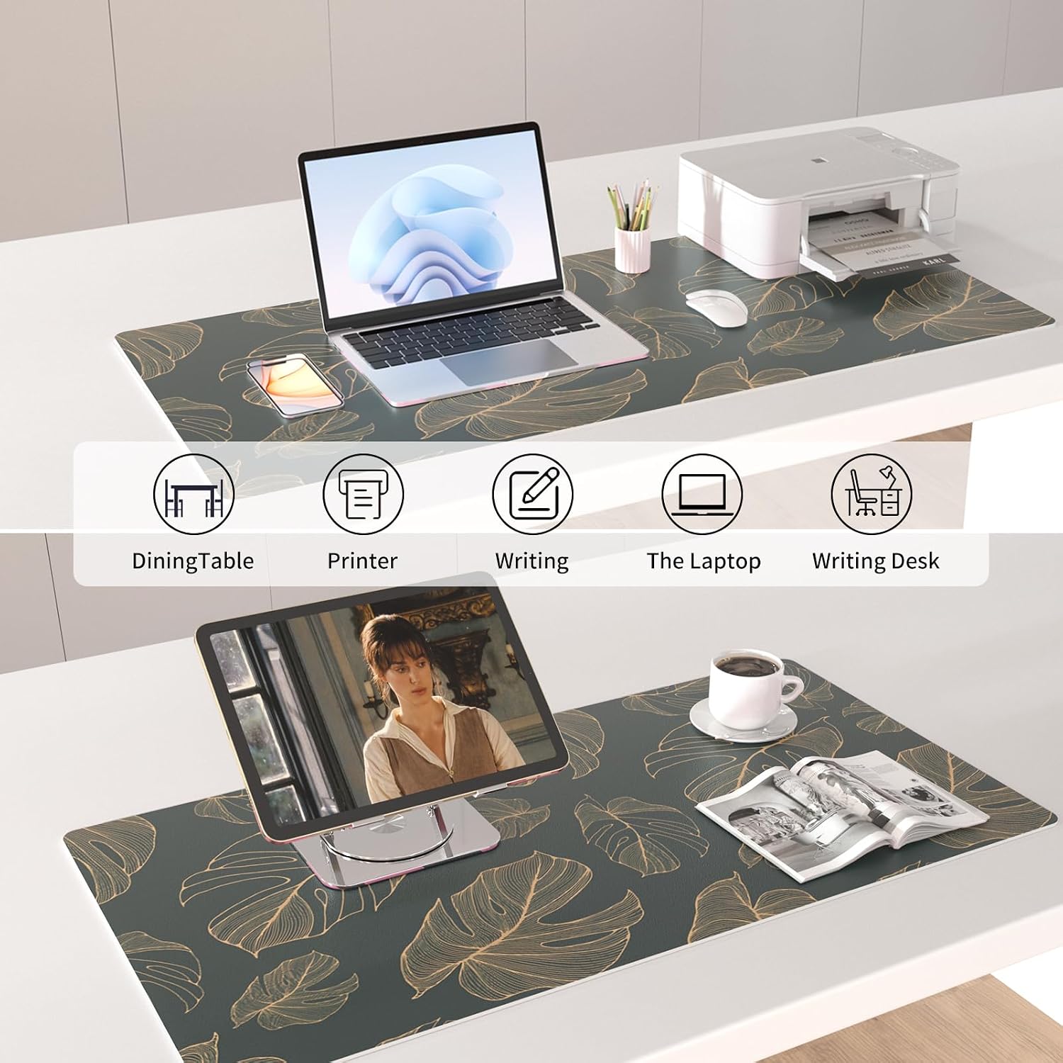 Colorful Star Monstera Leaves PU Leather Desk Mat, 31.5" x 15.7" image 4