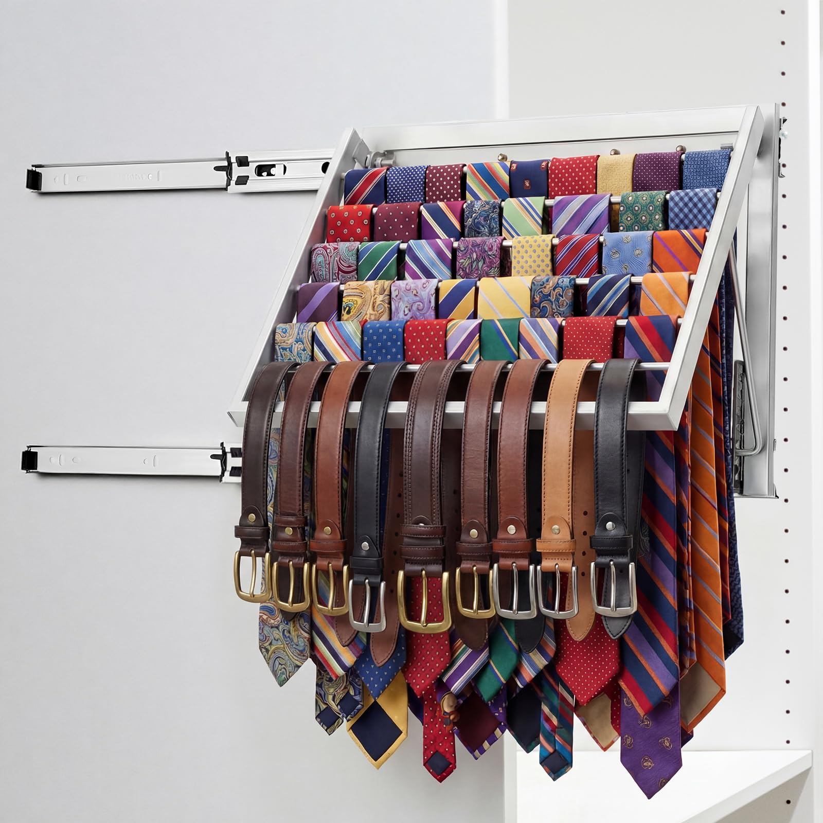 Blulu 1 x ausziehbarer Krawattenhalter für Schrank, ausziehbare Wandhalterung, ausziehbar, stabiler Metall-Gürtel-Organizer für Herren, Gürtelaufbewahrung, 34 x 29 cm, silberfarben