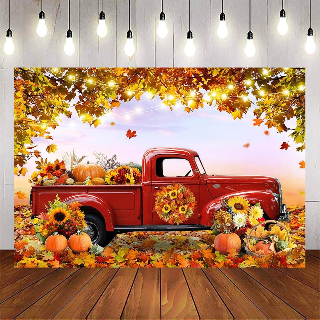 Avezano Fall Forest Red Truck Photo Backdrop Fabric Autumn Harvest Pumpkin Maple Leaves Photography Background Thanksgiving Party Decorations Photo Banner Props(7x5ft)
