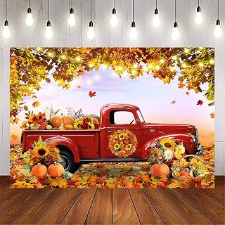Avezano Fall Forest Red Truck Photography Backdrop 8x6ft Autumn Harvest Pumpkin Maple Leaves Photo Background Thanksgiving Party Decorations Photo Banner Props