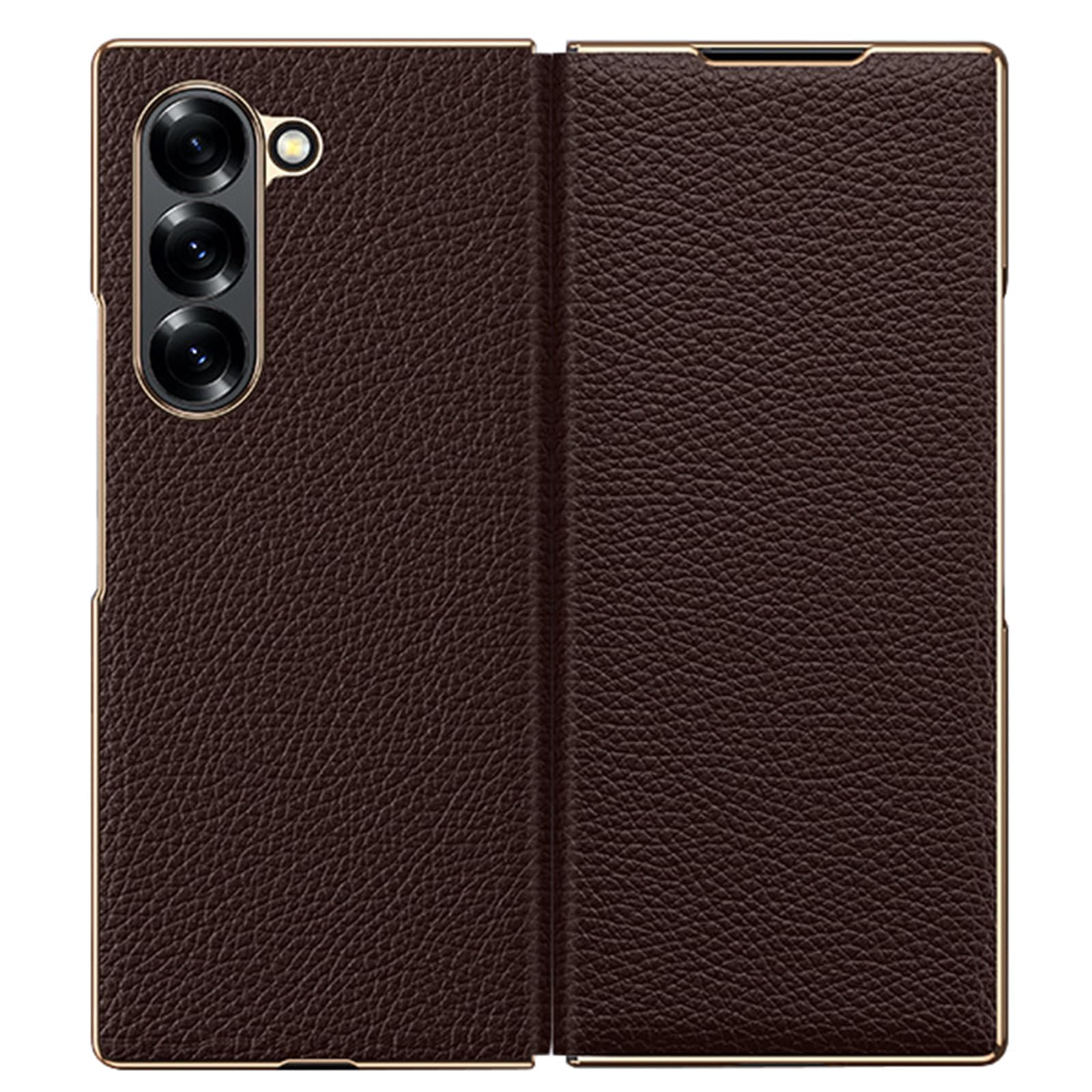 Galvanizar Funda para Samsung Galaxy Z Fold 8 Ultra, Cuero Genuino | Hecho a Mano Protección Completa Abatible Cubierta Delgado Antihuellas Negocios Parachoques Caso,Marrón,Fold 8 Ultra