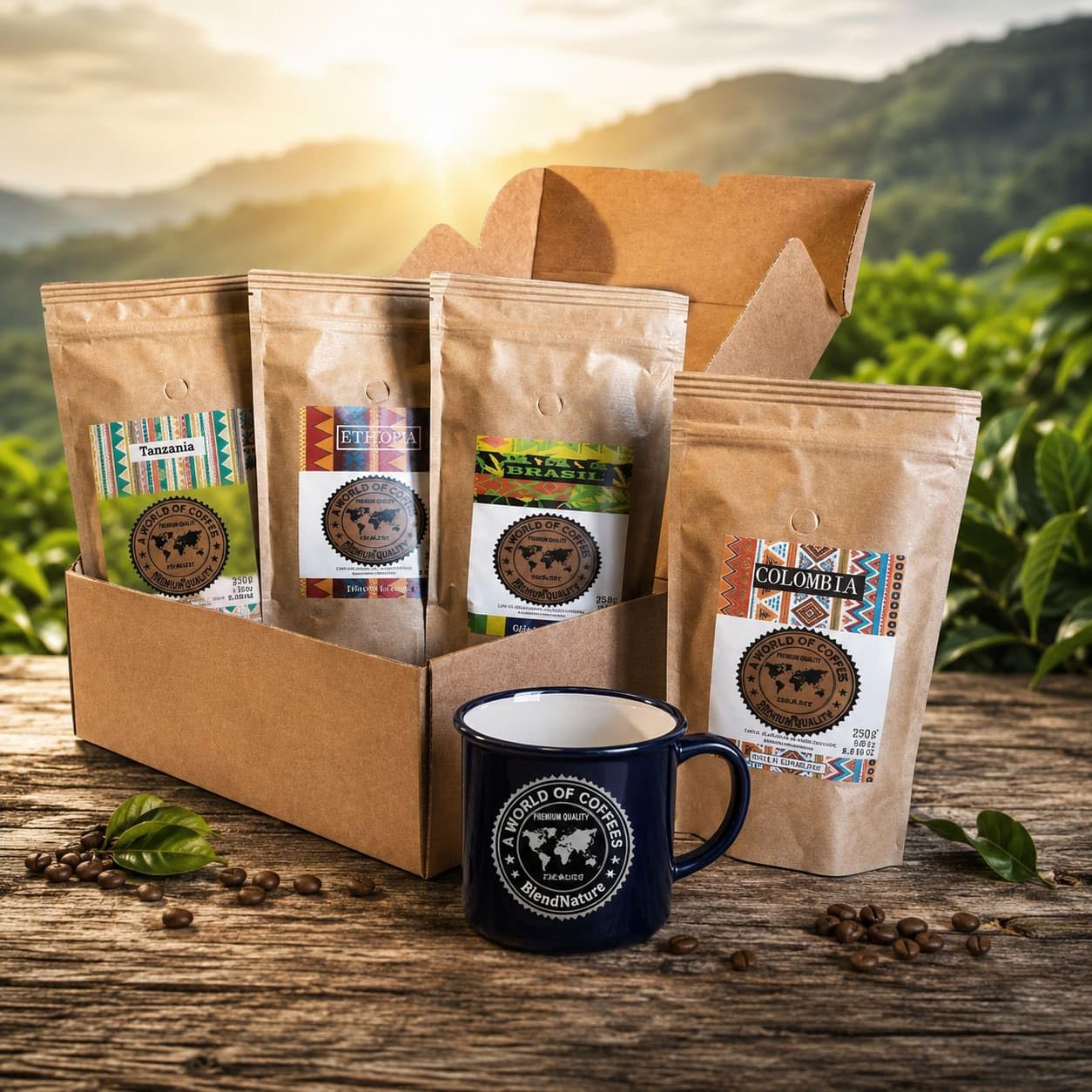 Café pack 4 x 250g en Grano - Seleccion mejores Cafes del mundo Arabicas +Brasil Colombia Etiopia y Tanzania + Caja regalo + Taza vintage - Maxima calidad avalada por la SCA
