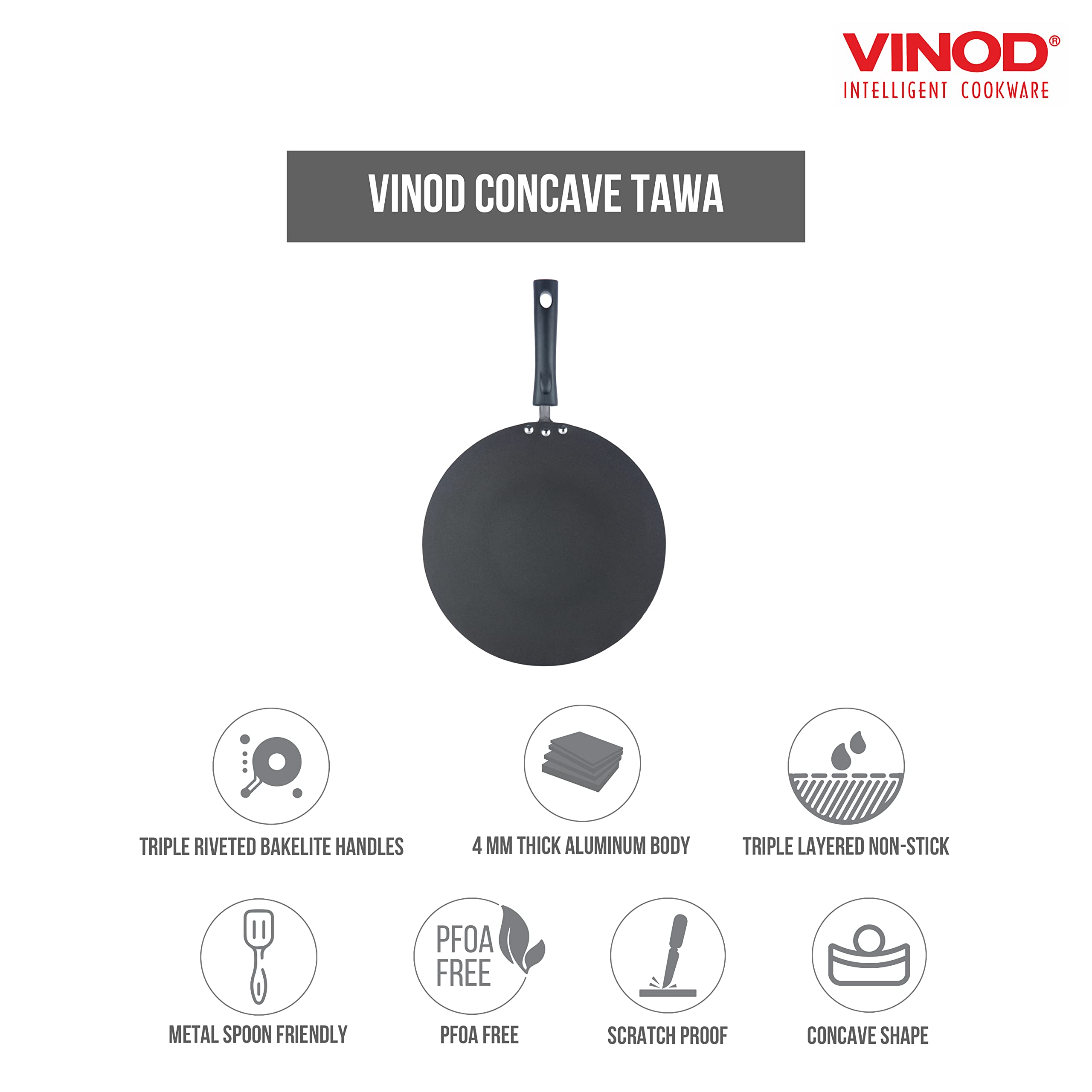 Vinod 10.5 Inch Diameter Non-Stick Roti Tawa, Aluminum, Triple Riveted Handles, PFOA Free, Easy Clean, Metal Spatula Friendly