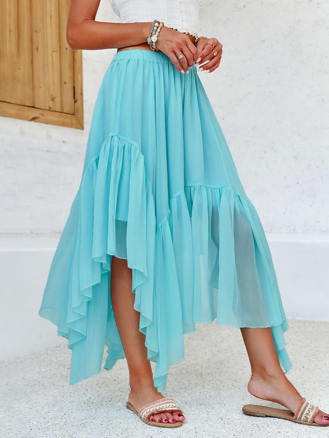 Fisoew Womens Summer Boho Maxi Skirt Casual Asymmetric High-Low Hem Flowy Bohemia Long Skirt - Image 2