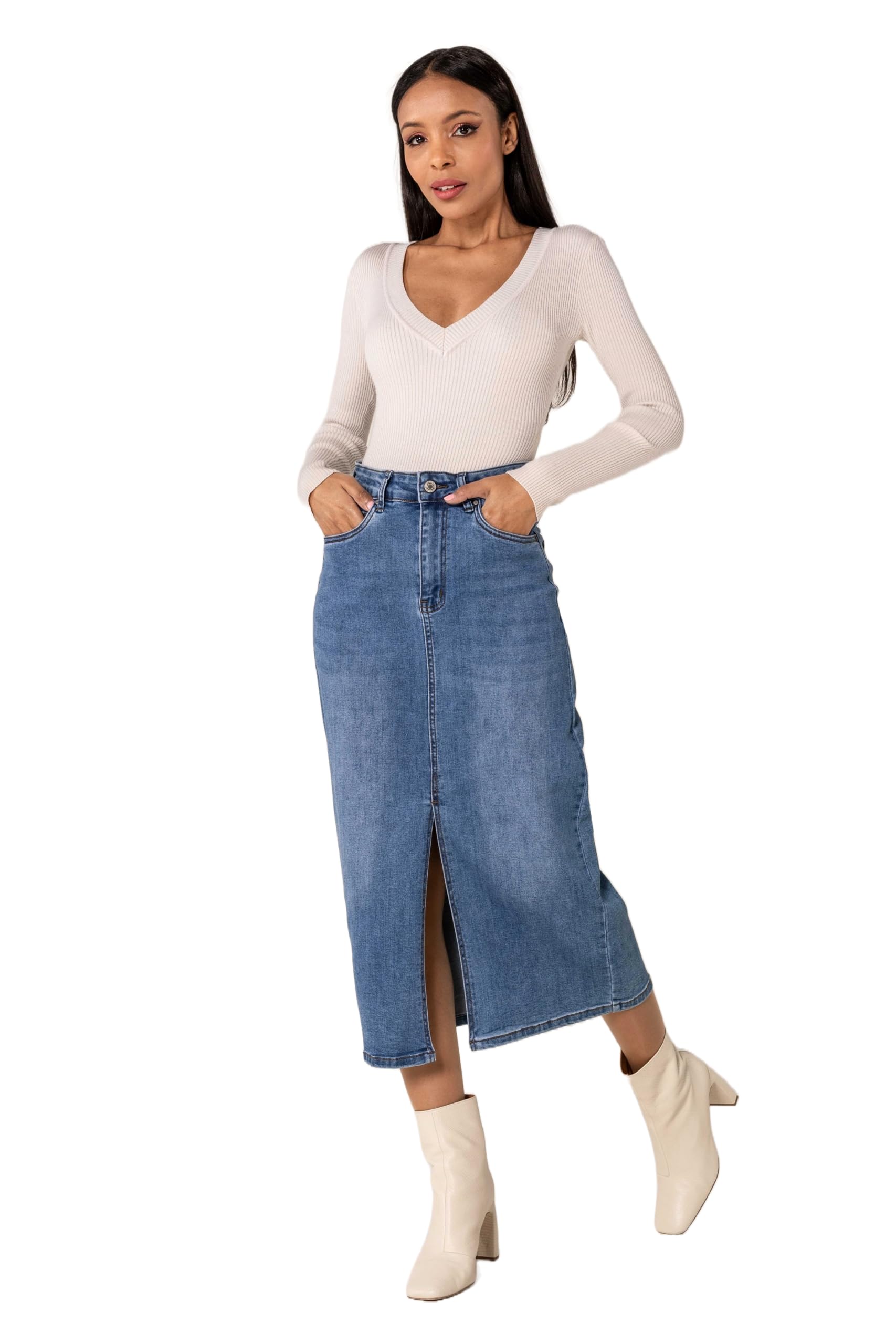 Nina Carter P215 Damen Jeansrock High Waist – Langer Stretch-Rock mit Schlitz vorne, Used Look, Wadenlang mit Reißverschluss