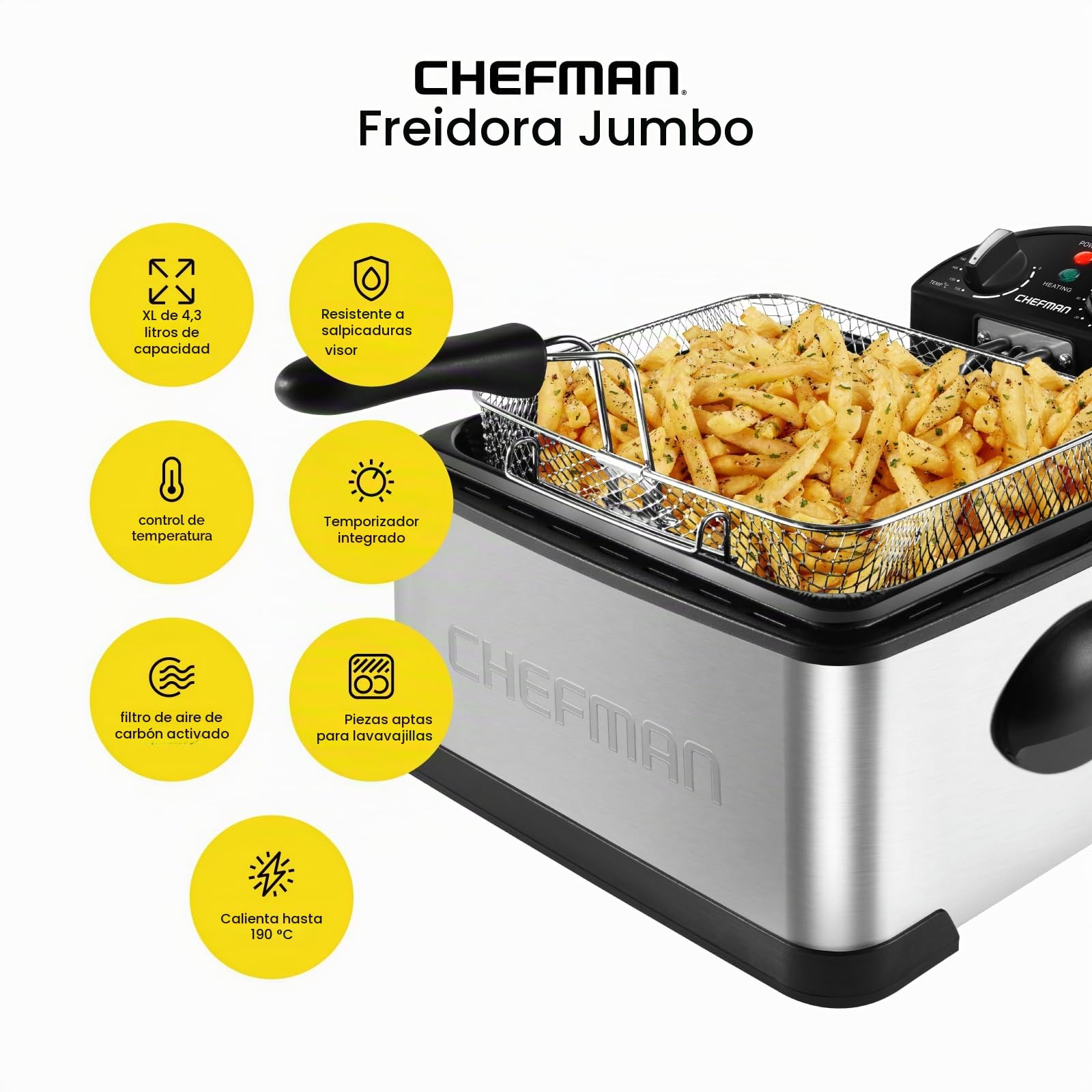 Chefman 4.5 Litre Deep Fryer with Basket for Home Use, XL Jumbo Size Fry Basket Strainer, Adjustable Temperature & Timer Fish Fryer, Chicken Fryer, French Fry Maker, Gifts for Cooks, Stainless Steel