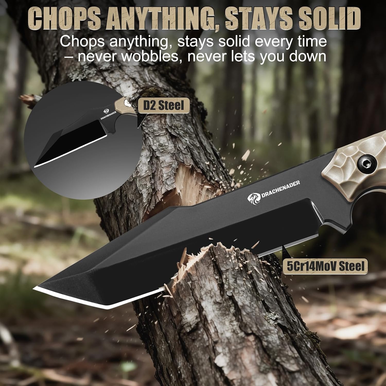 DRACHENADER Tactical Fixed Blade Knife Set for Men - 9.3" Full Tang Fixed Blade & 5.8" Neck Knife, D2 & 5Cr14MoV Steel Hunting Survival Gear for Camping Outdoor Bushcraft
