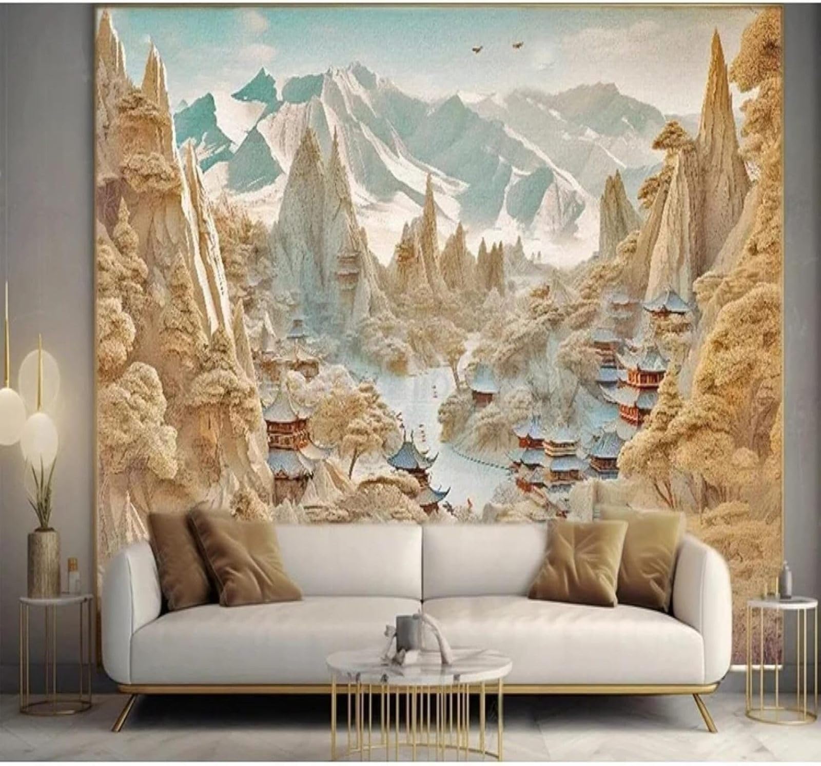 XLMING Relief Three Dimensional Valley Architecture Landscape 3D Wallpaper Premium Textured Silk Study Dining Living Room Bedroom Sofa TV Wall Easy Install-430cm×300cm