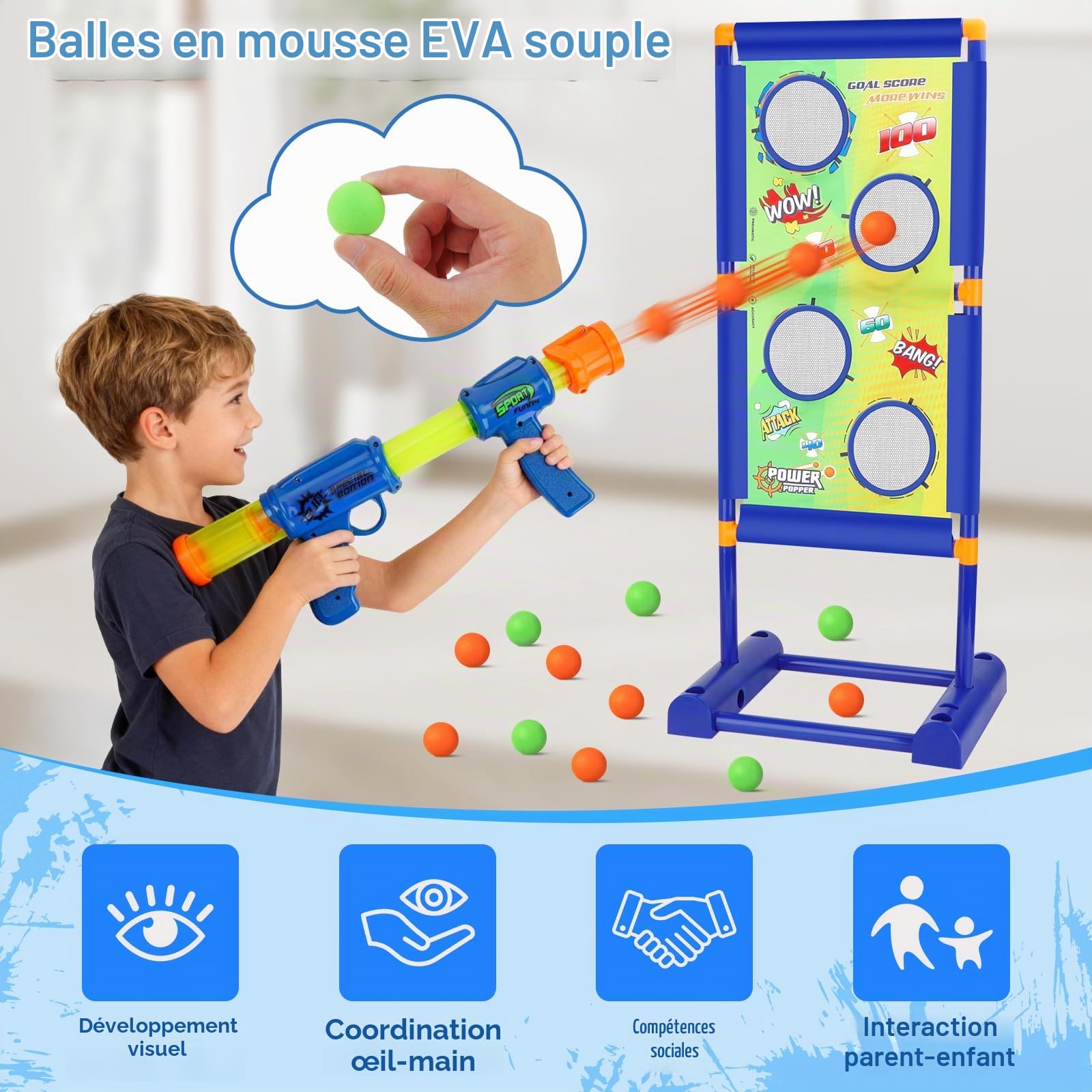 deAO Cible de Tir Mobile pour Enfants avec 2 Pistolets et 30 Balles Mousse | Mousse Eva Non-Toxique, 2 Modes (Statique/Dynamique), Extérieur/Intérieur, 3+ Ans, Cadeau Créatif Pour Jardin, Jeu En Famille