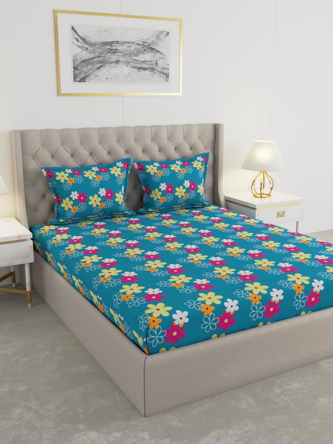 Raymond Home 100 GSM Insignia 100% Polyester Floral Double Bedsheet (2.25 Mx2.50 M) with 2 Pillow Covers(46 CM x 69 CM) - Turquoise Blue-image-43