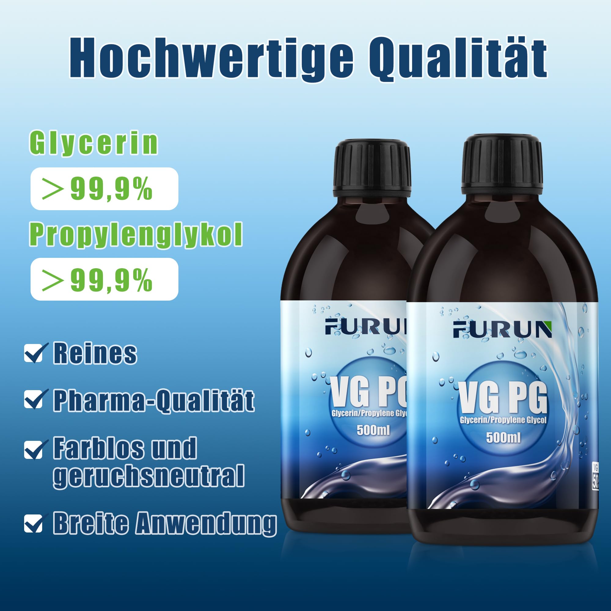 FURUN 50% VG Glycerin / 50% PG Propylenglykol, 2 x 500ml, E422 E1520 | Pharma-Qualität, Reinheit >99,9%, Vegan, 0% Zusatzstoffe, Kindersichere PET-Apothekerflasche