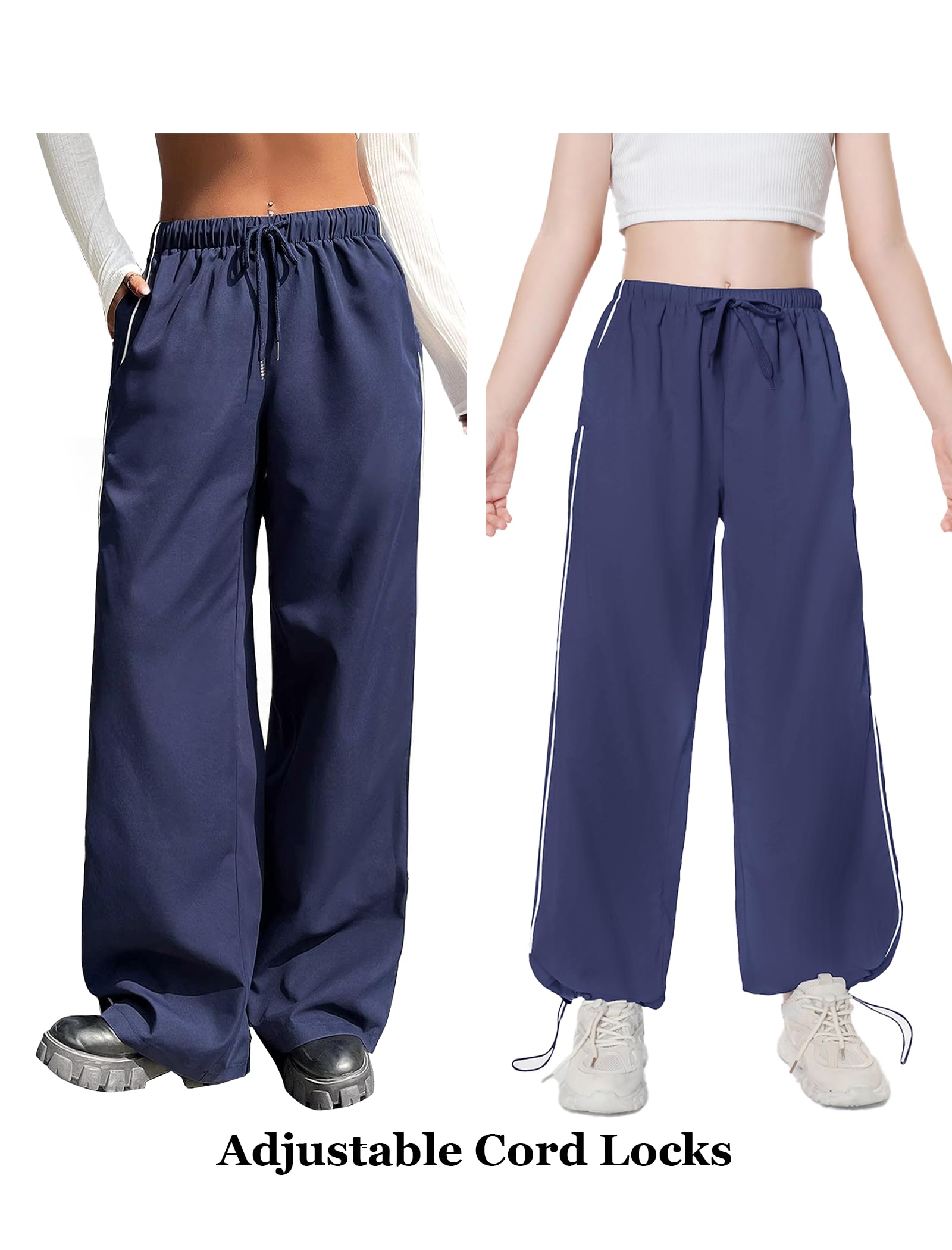 EXARUS Fallschirmhose für Mädchen, Cargohose, Baggy, Hip-Hop, Kordelzug mit Taschen, elastisch, Y2K, für Kinder von 8–14 Jahren