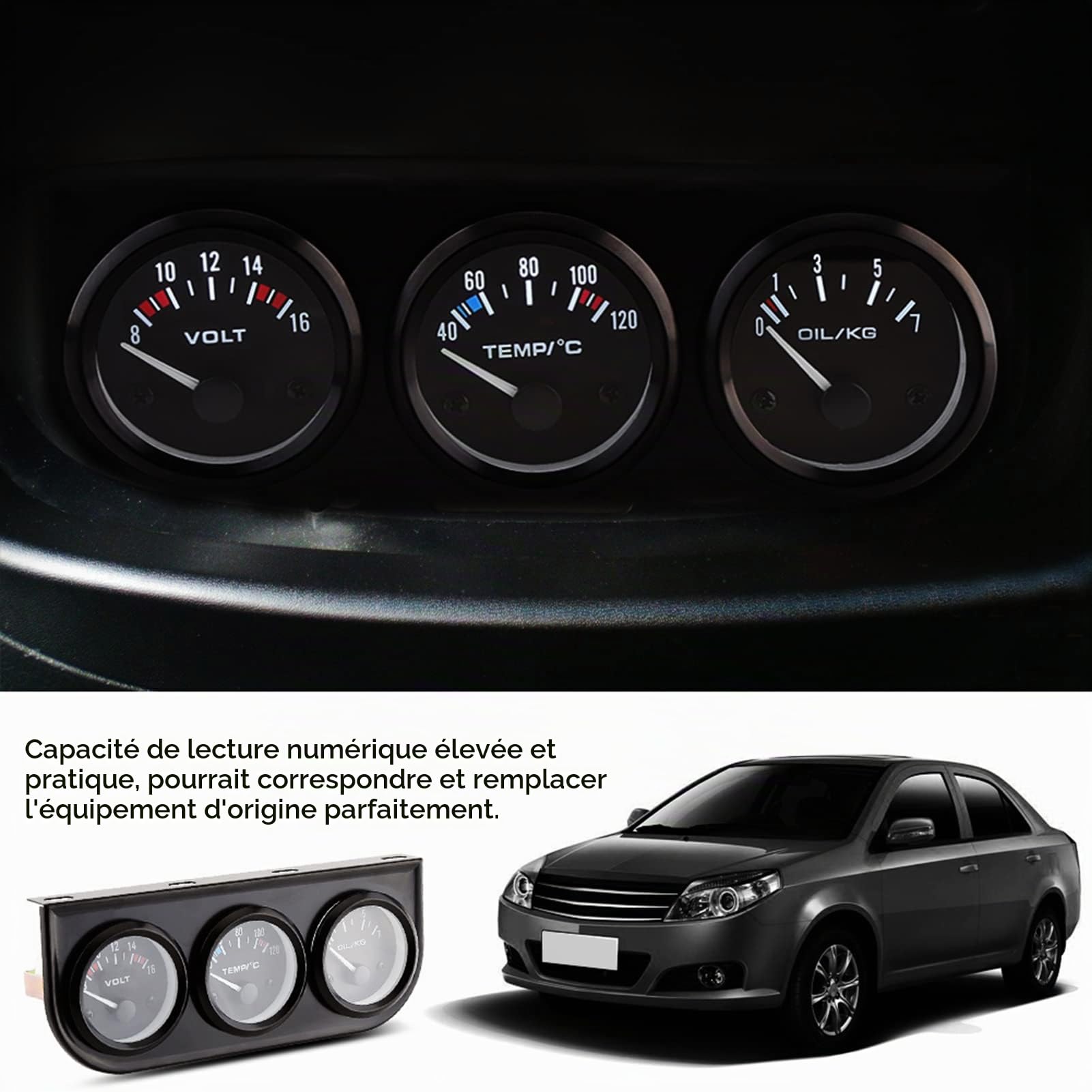 Kit de Jauge Triple, 12V 52mm en Acier Inoxydable, 3 EN 1 Voltmètre, Jauge de Température d'eau, Jauge de Pression d'huile avec Capteur pour Voitures, Camions, Tracteurs, Moteurs Marins (Noir)