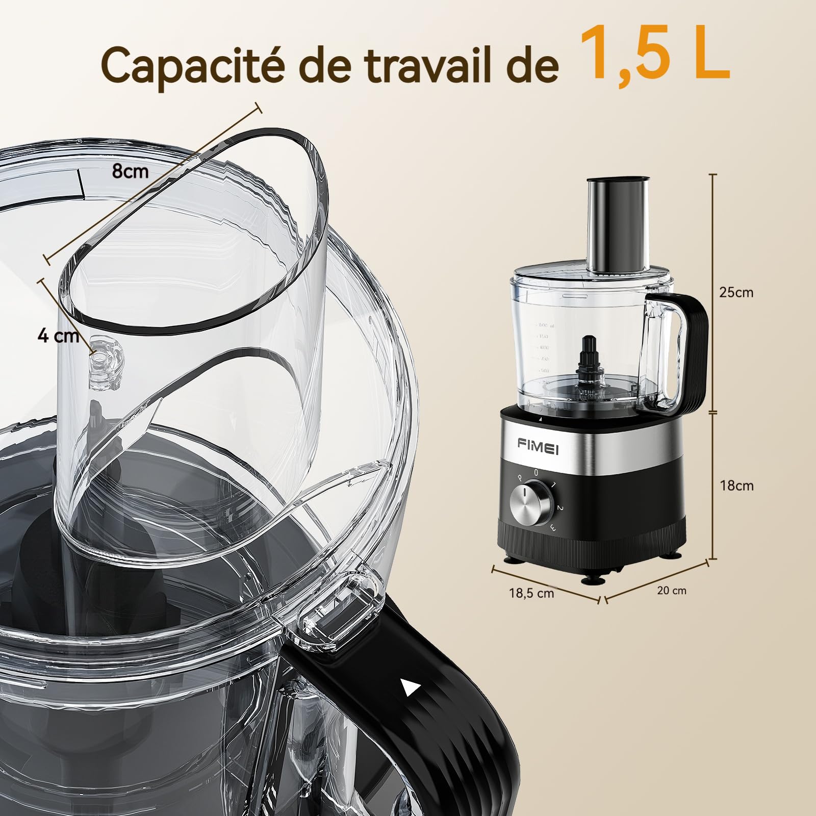 FIMEI Robot Multifonction de Cuisine 800W, 3 Vitesses + Fonction Pulse, Bol 1,5 L, Hachoir, Pétrin, Râpe, Trancheuse Réversible, Disque Émulsifiant, Double Sécurité, Compact et Facile à Ranger