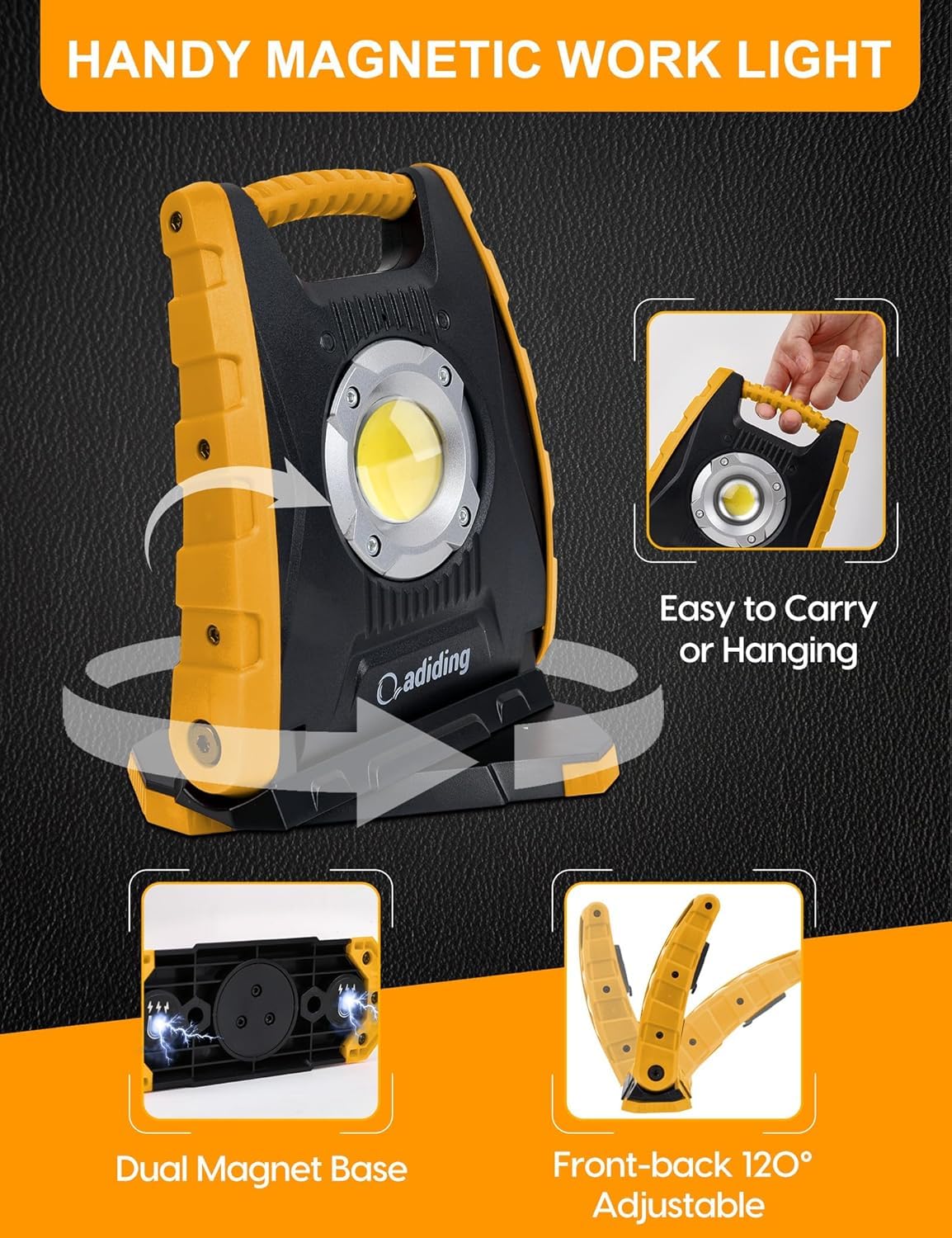 Adiding Luz de trabajo LED recargable de 4400 mAh, luz de inundación portátil debajo del capó, luz de trabajo con sensor y base magnética de rotación de 360°, luz mecánica alimentada por pilas para