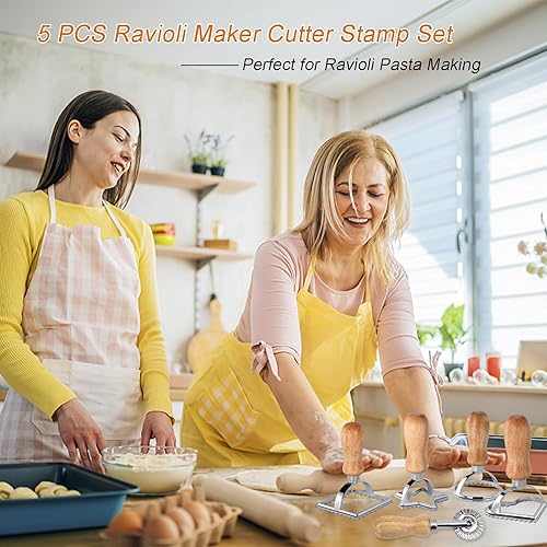 Miniatura 6 de Pierogi - Juego de 5 ruedas para cortar pasta, cortador de ravioles con rueda de rodillo, juego de cortador de ravioles con mango de madera, rueda