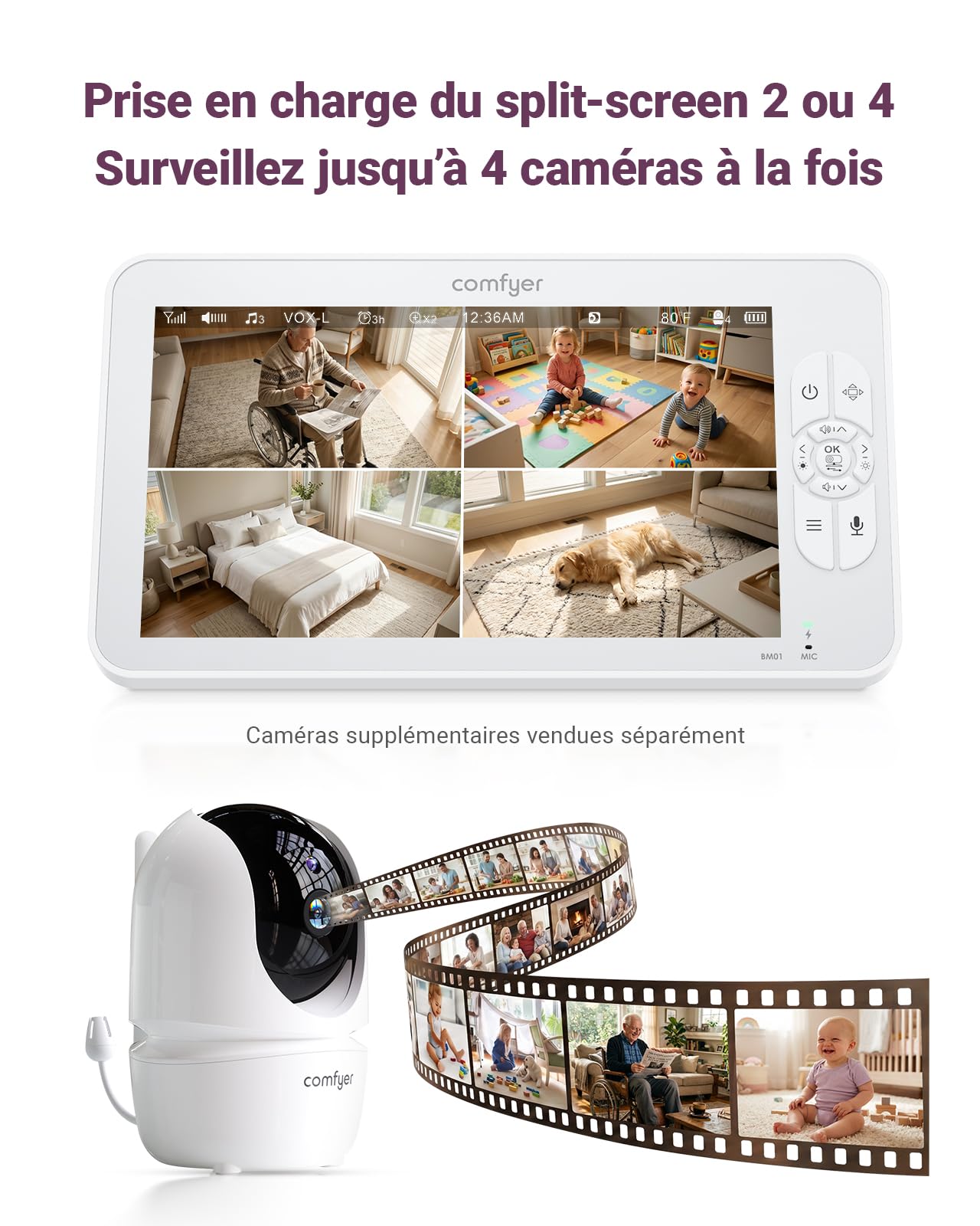 Comfyer BM01 Babyphone 2 Caméras 1080P, 7″ Écran Divisé, Moniteur Bébé sans WiFi, PTZ à Distance, Vision Nocturne, Audio Bidirectionnel, Batterie 6000 mAh, Mode VOX, Support Flexible, Berceuses