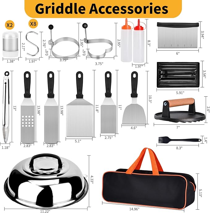 The 26PCS Professional BBQ Griddle Tool Kit is a comprehensive set of stainless steel griddle spatulas and accessories designed specifically for use with flat top grills like Blackstone and Camp Chef models. The kit includes a variety of tools such as spatulas, tongs, choppers, and more, making it easy to cook a wide range of dishes on your griddle.