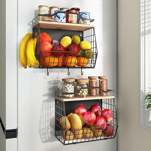 Miniatura 12 de Frutero apilable para encimera de cocina, cesta colgante montada en pared, cesta de alambre con tapa de madera con ganchos para colgar plátanos,