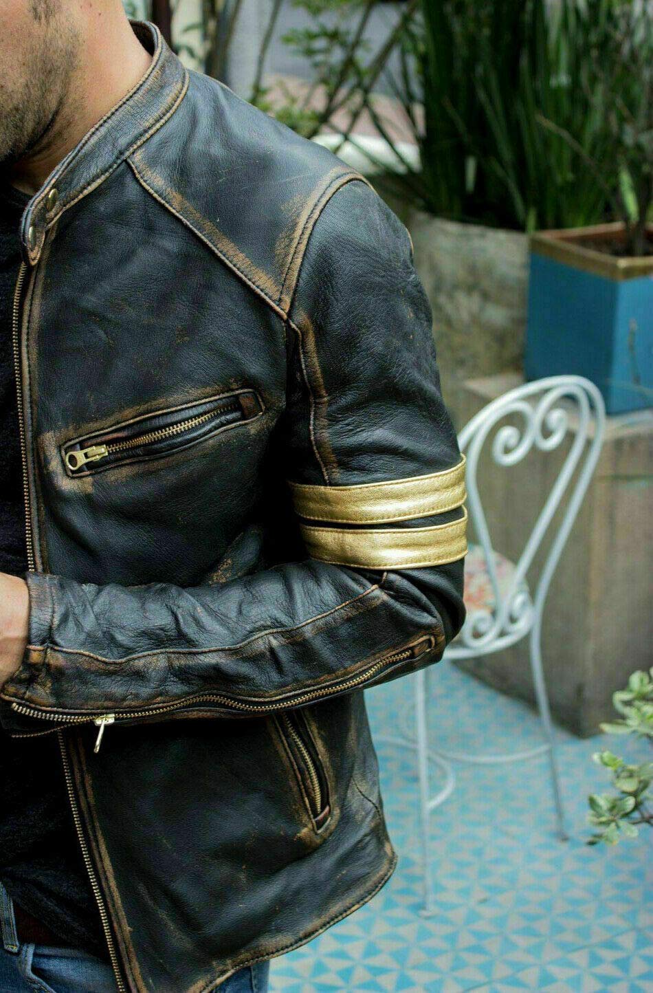 Veste de moto vintage en cuir noir pour homme