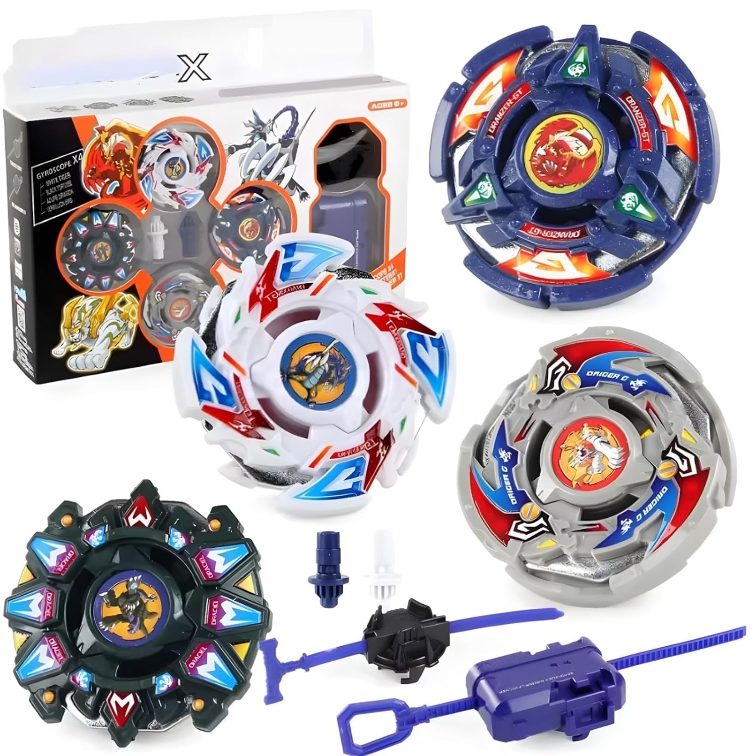 royaldeals gyro war bx01a-04a ultimate battle set | 4 metal battle tops, high-power launcher, performance tips & battle accessories | x-series spinning top toy for kids ages 6+