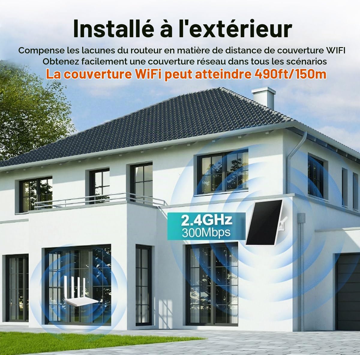 Amplificateur/amplificateur de Signal WiFi Double Bande extérieur pour routeur 2,4GHz, répéteur WiFi,300Mbps,Rayon de Couverture jusqu'à 490 pieds/150mètres,Panneau Solaire 15W/5V,20000mAh IP65 ét