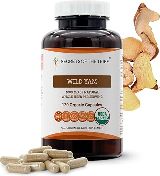 Secrets of the Tribe Wild Yam Capsules 1000 mg Responsibly farmed USDA Organic Wild Yam Dioscorea Villosa Dried Root, Hormone Support Supplement 120 Capsules