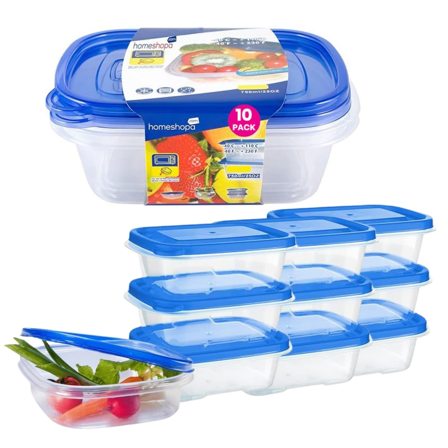 Homeshopa.com Blue Lid Homeshopa Food Storage Containers With 750Ml, 10 Pack Rectangular Bpa Free Plastic Containers With Airtight Lids, Reusable, Stackable, Nestable Meal Prep Boxes