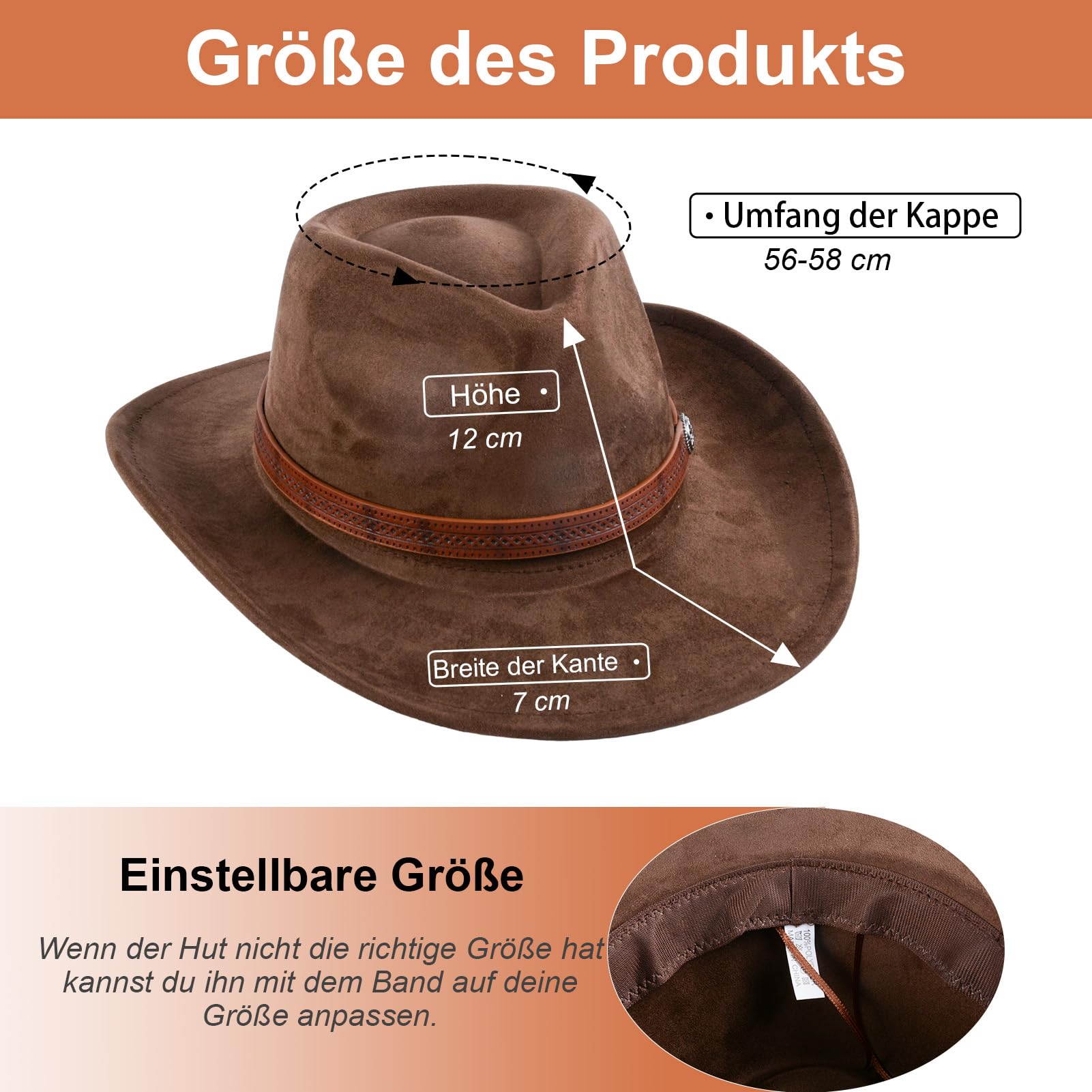 Cowboyhut für Damen und Herren, Westernhut, Wildleder, Panamahut, Cowboy- und Cowgirlhut, Filzhut, breite Krempe, Fedora-Hüte, Braun, braun, Einheitsgröße