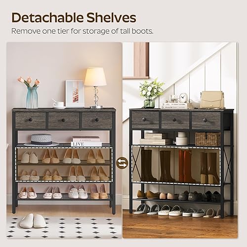 Miniatura 5 de Zapatero de 5 niveles, organizador de zapatos industrial independiente, mesa de consola con estantes de metal y 3 cajones de tela, para 20 pares de