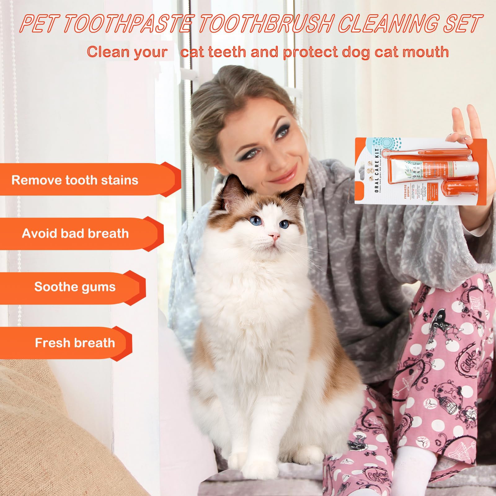 Rnlrclrl Cat Toothbrush with Toothpaste | Cat Dental Care Set | with Beef Flavor Toothpaste & Finger Brush & Soft Bristle Toothbrush | Cats Dental Kit Against Bad Breath