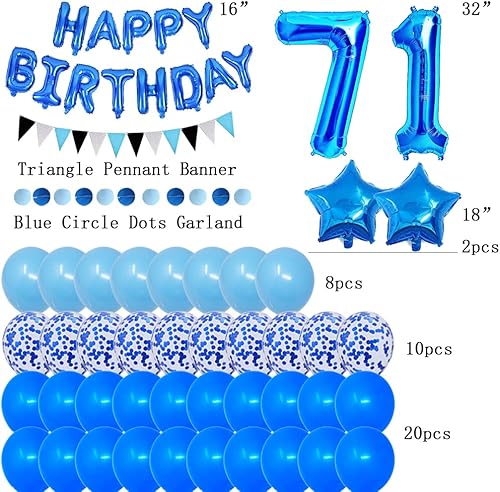 Miniatura 2 de Tema azul 71 para fiesta de cumpleaños de 71 años, pancarta azul de feliz cumpleaños, círculos azules, guirnalda de papel colgante triangular,
