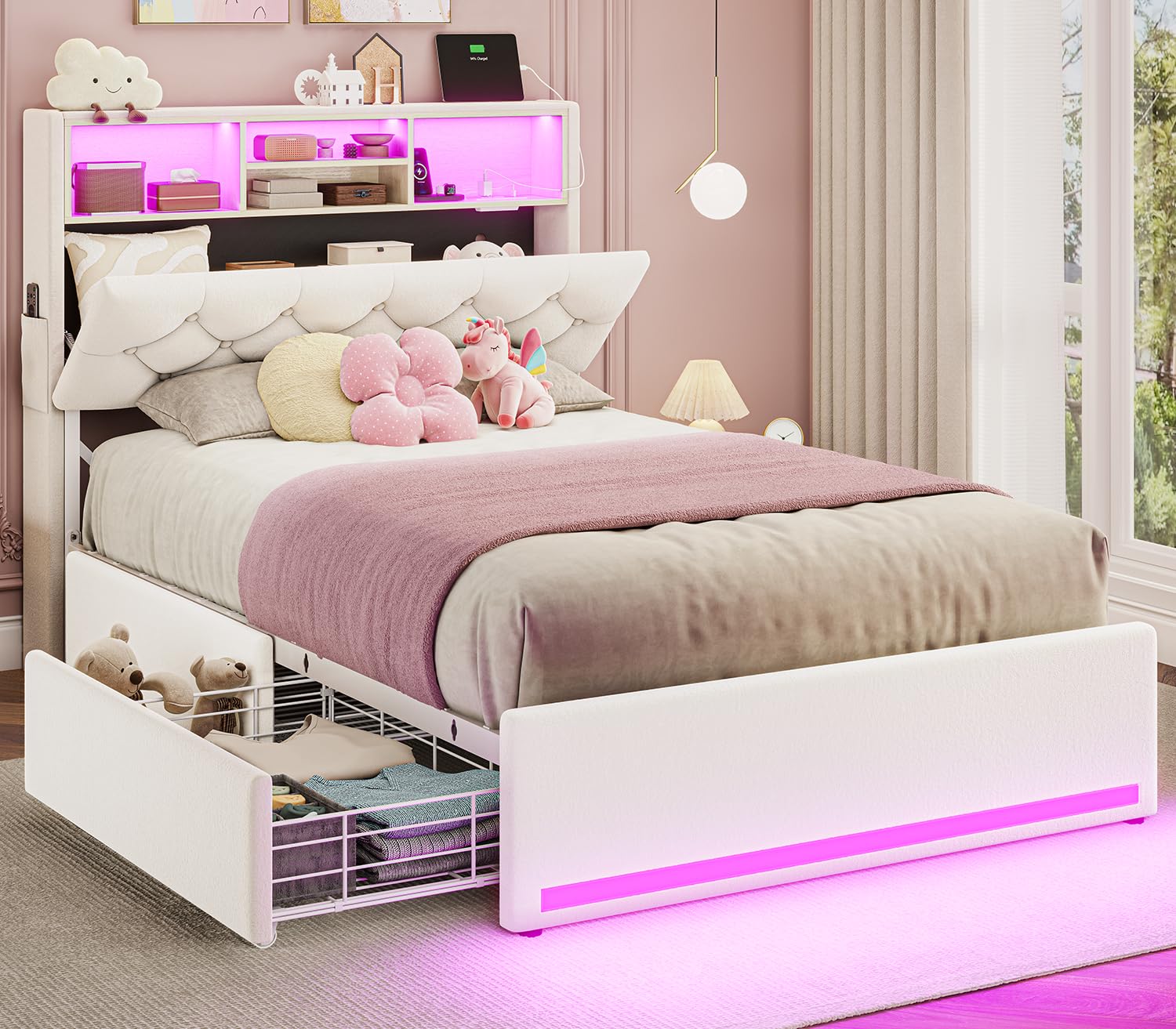 BTHFST Twin Bed Frames with Storage Headboard & 4 Drawers, LED Bed Frame Twin with Charging Station, Velvet Upholstered Bed with Metal Slats, No Box