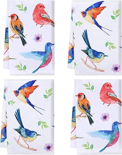 Toallas de cocina con lazo para colgar, juego de 4 toallas de mano absorbentes para los amantes de las aves