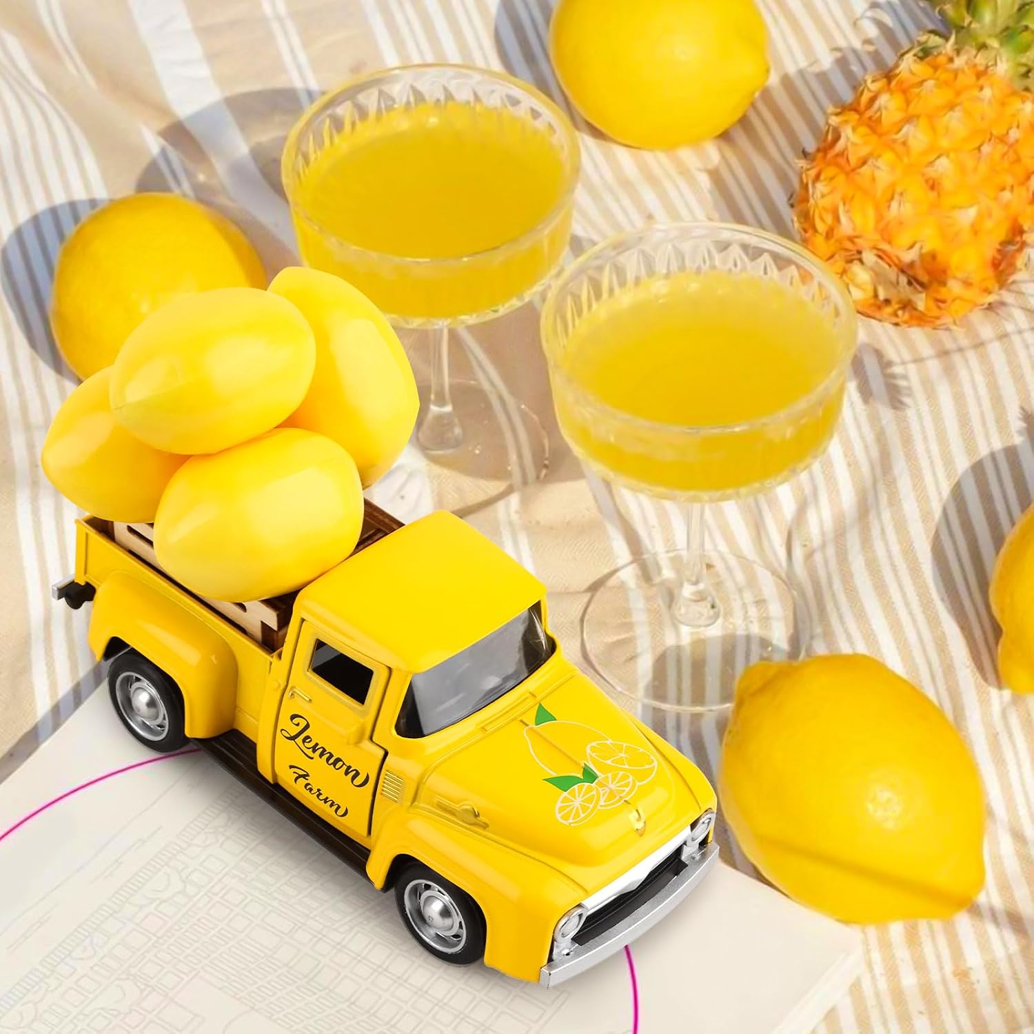Lemon Truck Decor Vintage Metal Truck Tiered Tray Decor Lemon Party Decorations Summer Farmhouse Yellow Car with Mini Fake Lemons for Home Kitchen Tabletop Centerpiece Supplies image 4