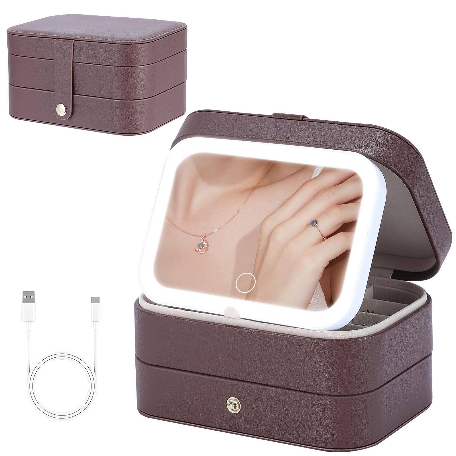 Travel Jewelry Case with LED Makeup Mirror Portable Travel Jewelry Organizer 2-Layer Jewelry Box for Earrings Necklace Bracelet
